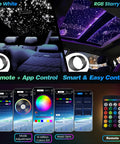 Starlight Headliner Kit With 400pcs Fiber Optic RGBW Star Lights For Car Roof Ceiling, remote and app controls displayed.
