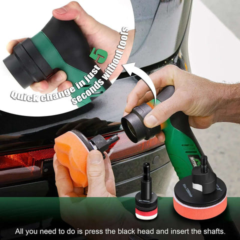 Person changing heads on Cordless Car Buffer Polisher Kit With Dual Action And Rotary Modes, 1 Inch Heads, close-up view.