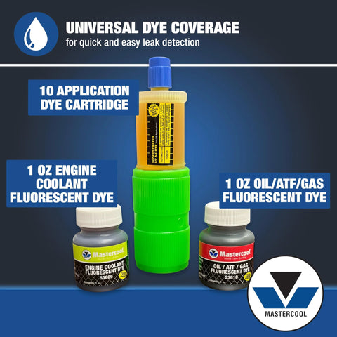 Mastercool UV leak-detection kit with 12V light; includes two dye bottles and cartridge