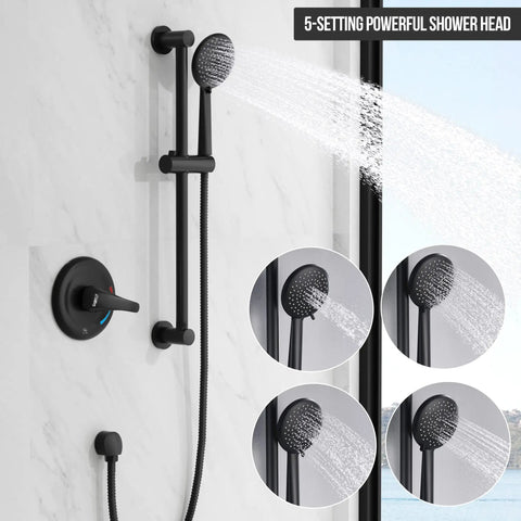 Slide Bar Shower Faucet Set With High Pressure Handheld Shower And 5 Spray Settings Rain Full Body Massage Full Spray Pause Adjustable 23.6 Inch Wall Bar Pressure Balance Valve Brass Trim Matte Black showing spray settings.
