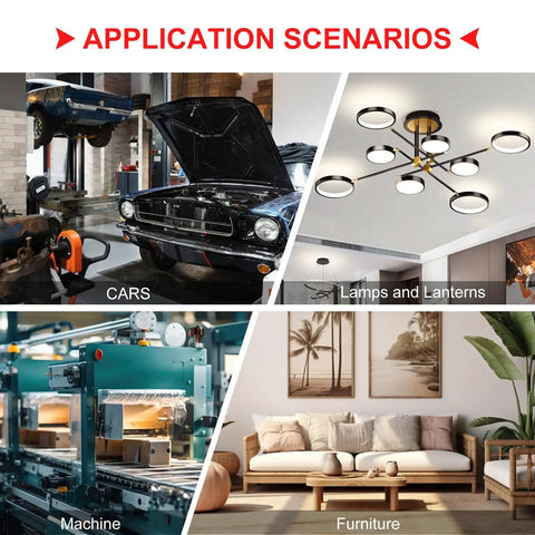 Application scenarios for cars, lamps and lanterns, machinery, and furniture using 200 Piece Heavy Duty Stainless Steel Allen Head Grub Screws Set.