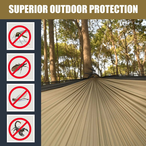 11Ft Ultralight Camping Hammock With Mosquito Net And Ridgeline in forest, superior bug protection, durable design