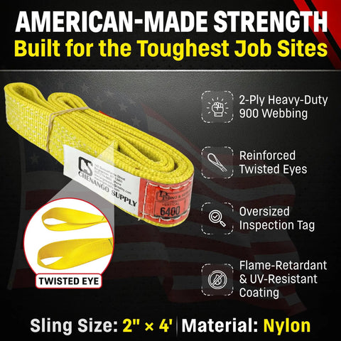 USA Made Beefy 2 Inch Nylon Lifting Sling Eye to Eye, visible with twisted eye design and inspection tag, 2-ply webbing.