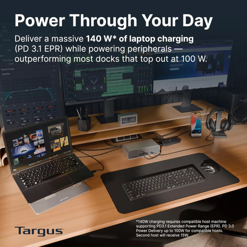 Top Shelf Triple 8K Thunderbolt 5 Docking Station With 140W EPR Rapid Charge, Heavy Hitter 80Gbps Data Rates, Four Extra USB-A Ports, And Dead Simple Plug And Play Setup For Pros on desk powering multiple displays.