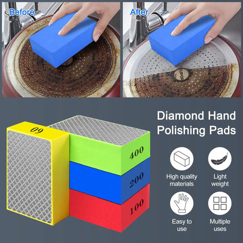 Four Piece Diamond Hand Polishing Pads Set With Sanding Block Kit for wet and dry polishing of ceramic tile, concrete, glass, stone, granite, marble, grit 60 100 200 400, 93mm by 58mm by 28mm, tough electroplated diamond abrasives for quick smooth finishes showing before and after use on metal surface.
