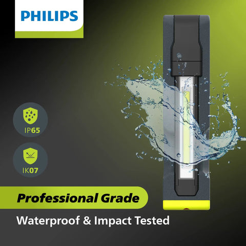 Slim Rechargeable LED Work Light With Magnetic Base And Hook, showing IP54 IK07 rugged waterproof feature.