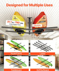 Beefy Ceiling Kayak Rack For Two Kayaks Up To 250 Lbs Heavy Duty Adjustable Overhead Garage Hanger in installed view holding kayaks.