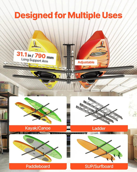Beefy Ceiling Kayak Rack For Two Kayaks Up To 250 Lbs Heavy Duty Adjustable Overhead Garage Hanger in installed view holding kayaks.