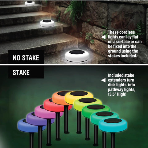 8 Pack Solar Disk Pathway Lights With Stakes, Waterproof Outdoor LED Disk Lights, 10 Color Options, 3 Lighting Modes, Easy Install for Gardens, Walkways, Patios and Driveways