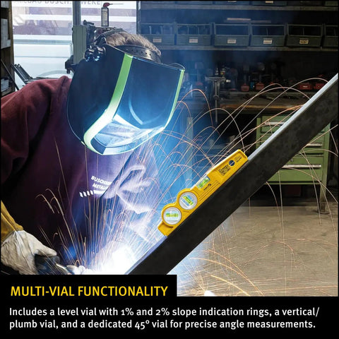 Die Cast Three Vial Torpedo Level With 1 Percent And 2 Percent Slope Rings next to welding worker for precise angles
