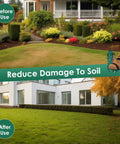 Comparison of lawn before and after use of Spiked Lawn Aerator Shoes With Adjustable Straps For Easy Yard Aeration Do It Yourself Dope Garden Tool Reusable Plastic Sandals For Lawn Patio And Garden Maintenance.