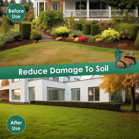 Comparison of lawn before and after use of Spiked Lawn Aerator Shoes With Adjustable Straps For Easy Yard Aeration Do It Yourself Dope Garden Tool Reusable Plastic Sandals For Lawn Patio And Garden Maintenance.