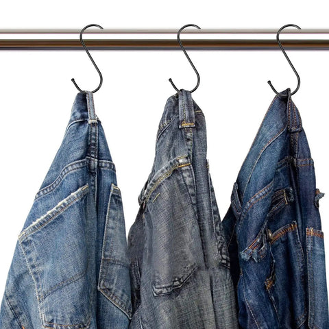 Heavy Duty S Hooks Set 30 Pack Steel Hangin Hooks For Kitchen Pot Rack Pan Cup Closet Organizer Hang Jeans Plants Towels Tools And More Durable Rust Resistant Black Finish Multipurpose Hangers For Home And Garage holding jeans.