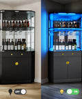 71 Inch Tall Corner Bar Cabinet With App Control And Motion Sensor LED Lighting featuring liquor display, glass doors, and mirror back.