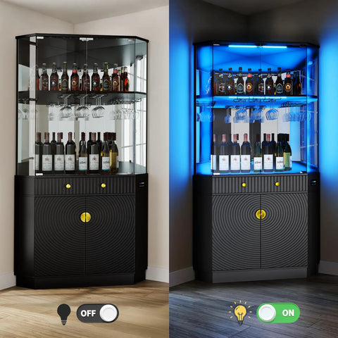 71 Inch Tall Corner Bar Cabinet With App Control And Motion Sensor LED Lighting featuring liquor display, glass doors, and mirror back.
