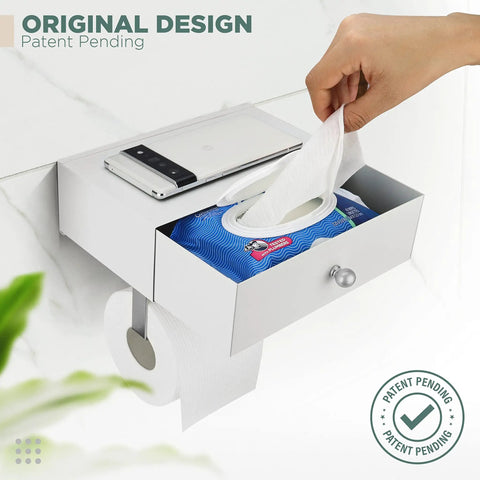 Toilet Paper Holder With Built In Shelf And Wipes Dispenser Must Have Hidden Wet Wipе Storage Stainless Steel Wall Mount Bathroom Organizer White And Silver Finish with hand using wipes dispenser.