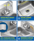 Stainless Steel Wall Mount Hand Sink 17x15 Inches With Strainer And Faucet, Commercial Grade NSF Certified, Rust Resistant 304 Steel