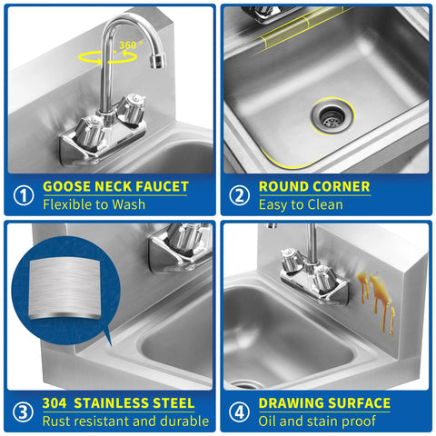 Stainless Steel Wall Mount Hand Sink 17x15 Inches With Strainer And Faucet, Commercial Grade NSF Certified, Rust Resistant 304 Steel
