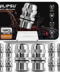 Ten Pack Built Tough Half Inch NPT Stainless Steel Cable Gland Waterproof IP68 Metal Strain Relief Cord Grip for Outdoor Wiring