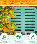 Heavy Duty Square Catch Basin Kit With Grate Debris Basket For Yard Drainage French Drains 15 By 15 By 15 Inches Ideal For Downspouts Lawn And Municipal Pipelines. Image shows green grate with autumn leaves.