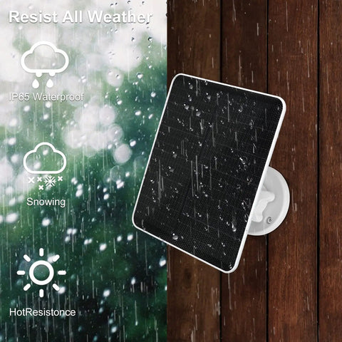 Weatherproof 6W Solar Panel For Outdoor Security Cameras With Micro USB Port in rain, mounted on wooden wall.