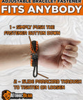 Paracord Survival Bracelet 2 Pack With Fire Starter Ferro Rod Loud Whistle Compass 12 Ft Paracord Adjustable for Hiking Camping Fishing Hunting in Black and Black Orange Color Combo shown on wrist with adjustable fastener.
