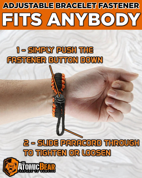 Paracord Survival Bracelet 2 Pack With Fire Starter Ferro Rod Loud Whistle Compass 12 Ft Paracord Adjustable for Hiking Camping Fishing Hunting in Black and Black Orange Color Combo shown on wrist with adjustable fastener.