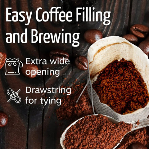 Nonwoven French Press Filter Bags 200 Pack For Loose Tea And Mason Jar Brewing with coffee grounds and drawstring