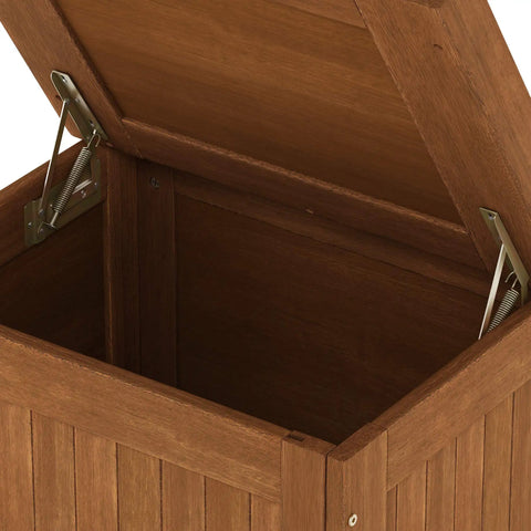 Open view of Outdoor Hardwood Storage Box With Slatted Vent Design For Drainage Raised Base Keeps Contents Dry Weather Resistant Porch Chest