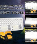 20V Max LED Flood Light For Dewalt Batteries, 40W Portable Work Light showing 3 lighting modes in outdoor setting
