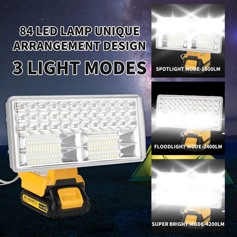 20V Max LED Flood Light For Dewalt Batteries, 40W Portable Work Light showing 3 lighting modes in outdoor setting