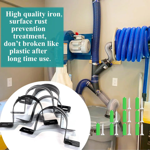 Tough As Nails Adjustable Dust Collection Hose Hangers And Pipe Wall Mounts, heavy duty black iron brackets with 2.5 inch grip.