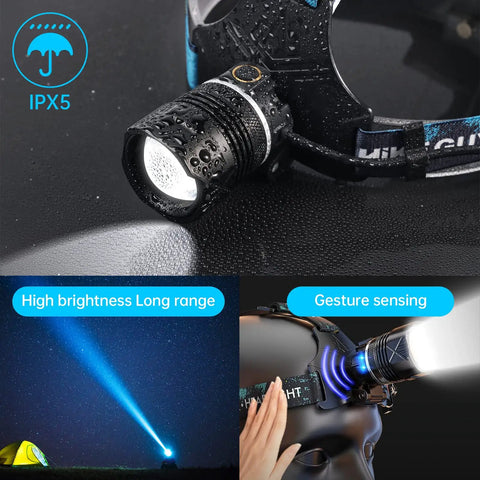 Ultra Bright LED Rechargeable Headlamp With 6 Modes IPX5 Weatherproof Motion Sensor on black head strap