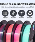 Shiny Rainbow PLA Filament Bundle For 3D Printing, 1.75mm, 4 spools shown with multicolor effect and no warping icons