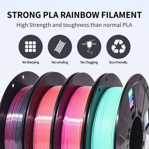 Shiny Rainbow PLA Filament Bundle For 3D Printing, 1.75mm, 4 spools shown with multicolor effect and no warping icons