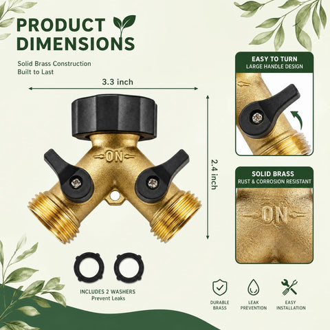 Heavy Duty Garden Hose Splitter 2 Way Brass Y Splitter With 2 Valves And 2 Extra Rubber Washers Solid Brass Water Splitter For Dual Watering Easy On Off Controls Durable Industrial Grade, brass hose connector with 3/4-inch fittings and 2 washers