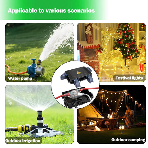 Collage of Compact Outdoor Electrical Box With Clear Waterproof Shield And Weatherproof Cord Cover used in diverse scenarios like water pumps, festival lights, outdoor irrigation, and camping.