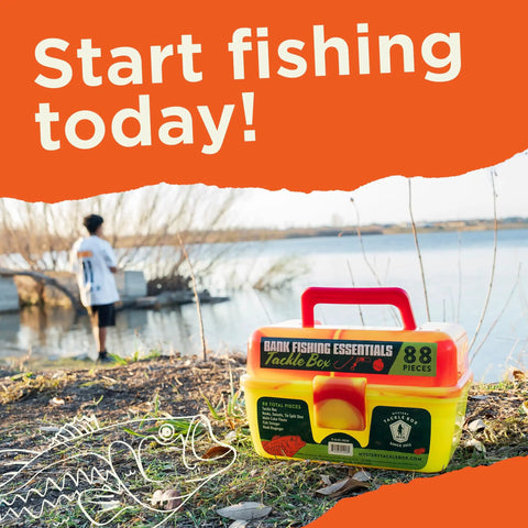88 Piece Bank Fishing Essentials Tackle Box Kit With Hooks Swivels in a compact blue box beside a lake