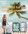 Woman with suitcase on beach, showcasing Compression Packing Cubes For Travel 6-Piece Premium Set With Laundry And Shoe Bag.