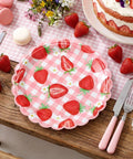 100 Pack Strawberry Grid Paper Plates 9 Inch Disposable Summer Fruit Dessert Tableware For Birthday Baby Shower Wedding Top Tier Party Setup Slay Your Spread Fresh Berry Vibes on a rustic table with cake and strawberries.