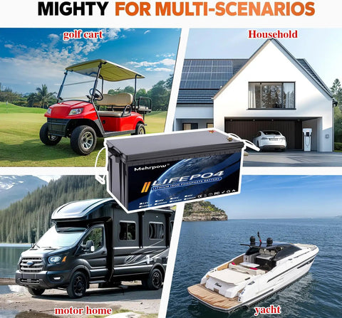 36V 105Ah LiFePO4 Lithium Golf Cart Battery Built Different For Tough Terrain displayed with a golf cart, motor home, and yacht.