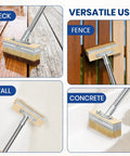 Heavy Hitter Deck Stain Brush Set With Super Long 59 Inch Pole Handle For Quick Wood Fence And Wall Coverage Comes With Detail Brush For Railing Crevices Save Your Back Today in use on deck, fence, wall, and concrete.