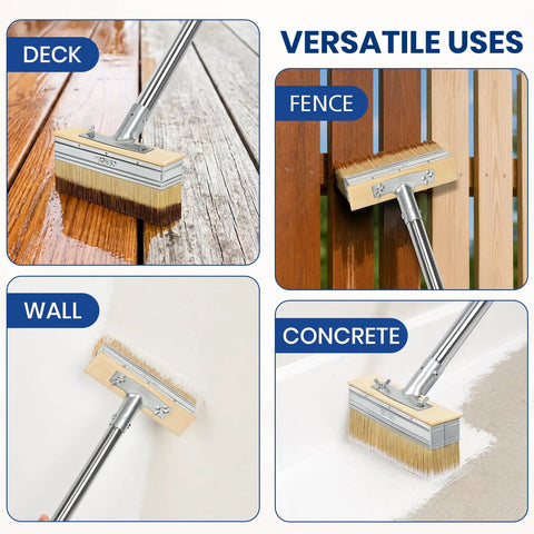 Heavy Hitter Deck Stain Brush Set With Super Long 59 Inch Pole Handle For Quick Wood Fence And Wall Coverage Comes With Detail Brush For Railing Crevices Save Your Back Today in use on deck, fence, wall, and concrete.