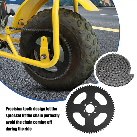 65 Tooth Sprocket And 35 Chain With 140 Links Replacement Kit for Coleman Baja Mini Bikes displayed with tire