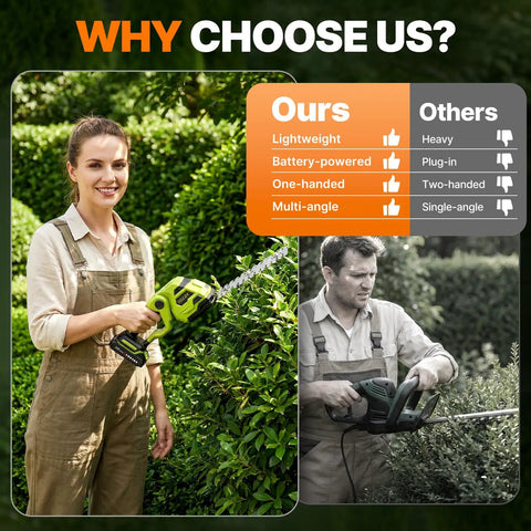 Woman using Two In One Cordless Hedge Trimmer And Grass Shears For Quick Yard Jobs with dual batteries and adjustable angle.