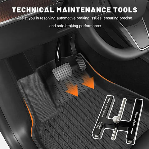 Hella Tight Brake Booster Adjustment Tool With Magnetic Aluminum Body And Adjustable Pin For Master Cylinder Push Rod Length Gauge showing use in vehicle interior.