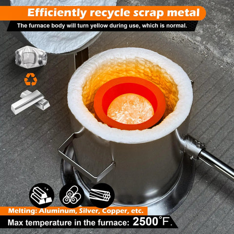 6Kg Hinged Flip Top Propane Melting Furnace For Aluminum Copper Silver Gold Alloys High Temp Foundry Kiln Reaches 2500F Durable Stainless Steel Body Easy To Use For Beginners And Pros, top view with glowing interior
