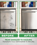 Before and after showing 23x28 Magnetic Dishwasher Door Cover In Brushed Silver Hide Dents And Scratches Easy Fit