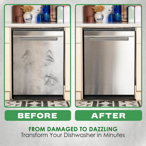 Before and after showing 23x28 Magnetic Dishwasher Door Cover In Brushed Silver Hide Dents And Scratches Easy Fit