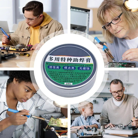 Flux Gel For Soldering Pro Level Ease Precision Paste For Circuit Repairs PCB Maintenance And Soldering Chips And Terminals Low Odor Eco Friendly No Mess Electronics Gel in use by diverse people, 20g container visible